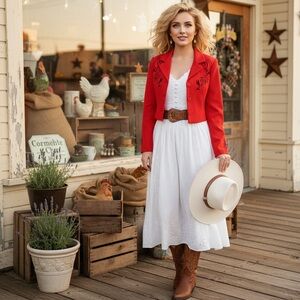 Vintage Western Blazer Cowgirl Apparel in Red with Floral Embroidery